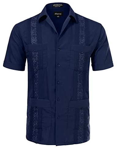 Allsense Men's Short-Sleeve Cuban Guayabera Shirt, Navy Blue, 2XL