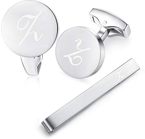 HONEY BEAR Manschettenknöpfe Krawattennadel Set Initialen Buchstabe Herren Edelstahl Hochzeit Cufflinks Manschettenknopf Silber (Z Set)