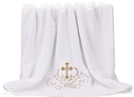 LACOFIA Taufe Handtuch Unisex Baby Taufe Decke, Weiß mit Gold Stickerei Kreuz, Personalisierte Geschenke für Jungen oder Mädchen, Volle Badetuch Größe 150 * 75 CM