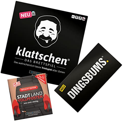 DENKRIESEN klattschen - Das Brettspiel | Stadt Land VOLLPFOSTEN - Das Kartenspiel - Rotlicht Edition | PARTYFIEBER DINGSBUMS | Spar-Set