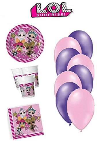 CAPRILO. Lote de Cubiertos Infantiles L.O.L. (40 Vasos, 40 Platos, 40 Servilletas, 2 Manteles y 16 Globos Látex) .Vajillas y Complementos. Juguetes para Cumpleaños, Bodas, Bautizos, Comuniones.