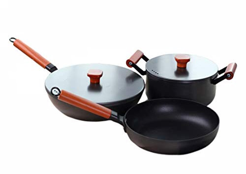 HIOD Pentole per Pentole Set di 3 Pezzi Padella in Ghisa Inossidabile Antiaderente Facile da Pulire Wok con 2 X Copertina Originale