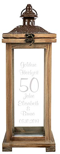 Personalisierte Landhaus Laterne aus Holz | XL Holzlaterne 42 cm groß | Goldene Hochzeit Geschenke für Eltern | Geschenkidee zum 50. Hochzeitstag | Andenken Gartendeko Gartenlaterne