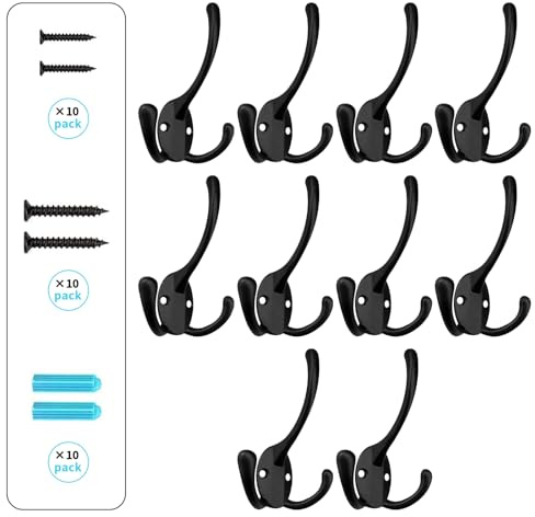 BIGLUFU Coat Hooks Heavy Duty,10Pcs Three Prongs Hooks Black Coat Hook Wall Mounted,with 40 Screws(Two Types of Screws Included),for Hanging Coat,Hat,Towel,Scarf,Bag,Key