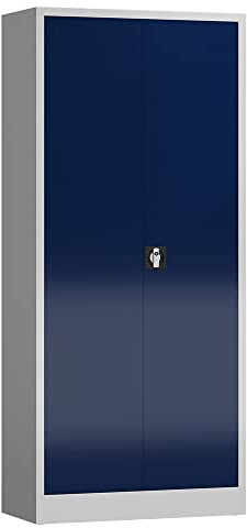 Aktenschrank Metallschrank abschließbar mit 2 Türen, 4 Fachböden 1800 x 800 x 380mm (RAL 7035/5010 lichtgrau/enzianblau)