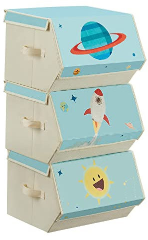SONGMICS Aufbewahrungsbox Kinder, 3er Set, Faltboxen, Spielzeugkiste mit Deckel, 38 x 35 x 25 cm, für Kinderzimmer, Spielzeugzimmer, Weltraummotive, blau RLB700Q01
