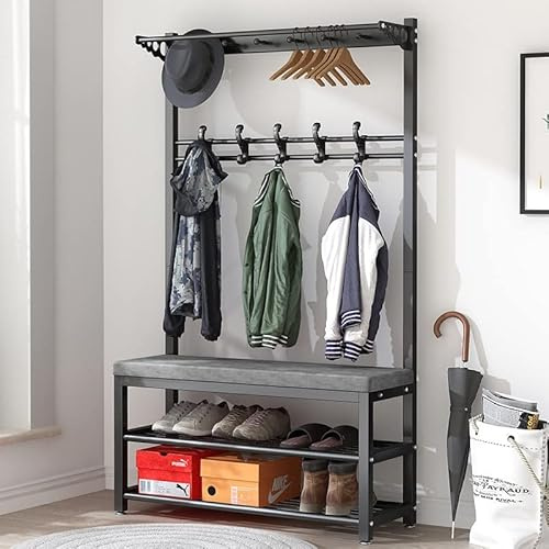 angroups Kleiderständer mit Haken,Robustes Metall Kleiderständer, Garderobenständer mit Sitzbank und 9 abnehmbaren Haken, Multifunktionale Schlafzimmer Gaderobe mit Schuhablage