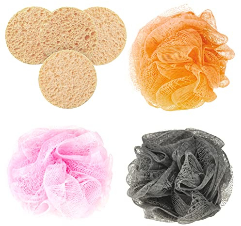 Miljövänlig sminkborttagningspads & XL duschsvampsset (7-delar) – återanvändbara ansiktssvampar i cellulosa och exfolierande kroppspuff – skonsamt alternativ till ansiktsservetter