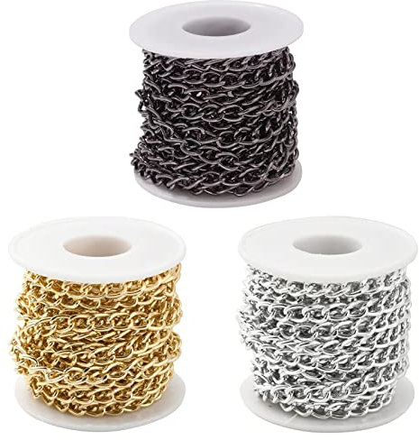 Catene barbazzale in alluminio da 15 m con maglie intrecciate dorate, argento e canna di fucile, con bobina, per la creazione di ciondoli, collane e gioielli