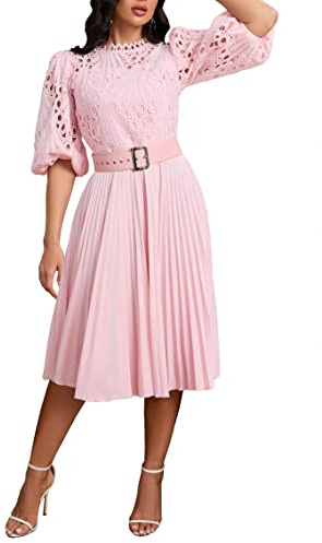 IWFEV Lace Pleated Dress With Puff Sleeves - Midi Length Hollow Party Evening Dress