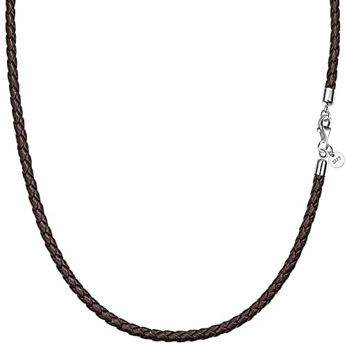 Viwind Äkta läderhalsband 2,5 mm/3 mm bred vävd läderkedja 45 till 60 cm finns i 925 sterling silver hällstängning för kvinnor DIY hänge, 50, Läder