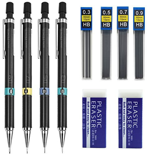 Zngou 4Pcs Mechanical Pencil Set 0.3 0.5 0.7 0.9mm HB Automatic Lead Architecture Propelling with Rubber Refill for Artist School Drawing Writing Sketching