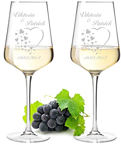 polar-effekt Leonardo Weinglas 2er-Set 560 ml mit Wunschgravur - Motiv Herz und kleine Herzen - personalisiert - Weintrinker - spülmaschinenfest - Kristallglas - Jahrestag, Verlobung - Wine, Glass