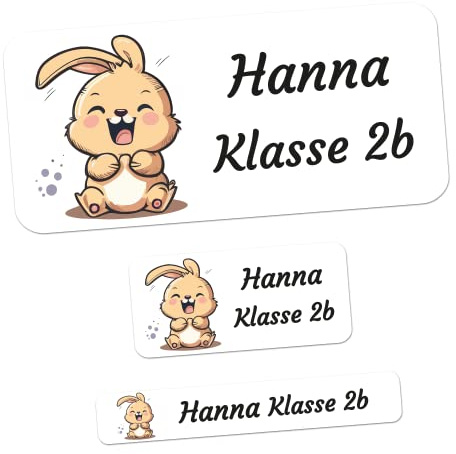 foliado® kids 165 Stück Namensaufkleber Kinder verschiedene Motive 3 Größen als Set Klebeetiketten für Gegenstände & Stifte Sticker Namensetikett Schule Kindergarten wasserfest APD-055S (Hase)