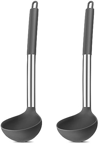 Suppenkelle, Joyfair 2-teiliges Silikon Schöpfkelle Set, Hitzebeständigkeit Schöpflöffel mit Griff aus Edelstahl, 30cm Groß Soßenlöffel zum Kochen/Rühren/Servieren, Gesund & Antihaft - Grau
