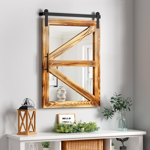 COGOOD Espejo para puerta de granero de granja, 30 x 21 pulgadas, espejo de ventana de madera rústica para decoración de pared para comedor, entrada, sala de estar, dormitorio, marrón