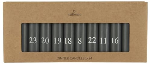 24 Stabkerzen Grau mit weißen Zahlen1-24 Kalenderkerze H:11 Ø:2,2 cm Adventskranz Advent Weihnachten