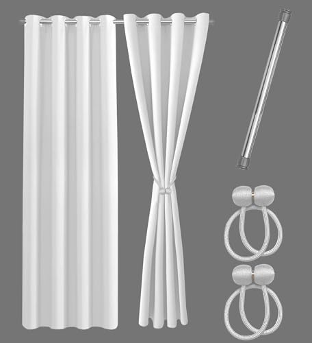 Cozyor Set ohne Bohren: 2X Vorhang + 1x Klemmstange Silber 111-200 cm + 2X Raffhalter mit Magnet blickdicht, als Raumteiler, Fenster & Tür Weiß Thermovorhang 240x135cm