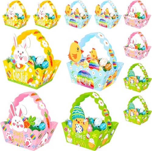 baymety 12-teiliger Osterkorb mit Griff, niedlicher Hase, DIY-Papier-Osterei-Jagdkörbe, Bastelarbeiten für Kinder, Oster-Leckerei-Boxen, fröhliche Ostern-Geschenkbox, Körbe für Süßigkeiten, Spielzeug,