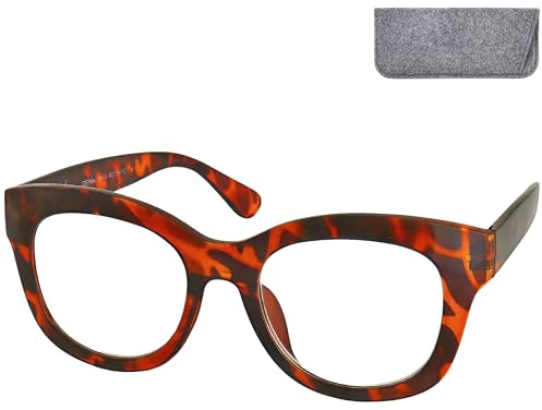 Retro Dicker Lesebrille Damen mit Stärke, Federscharnier und Etui | Markante Vollrand-Lesebrille mit großen Gläsern; 140 mm breit, 31 g und in Schwarz oder Leopard Braun erhältlich.