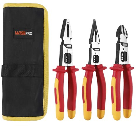 WISEPRO 3 Pcs Insulated Pliers Set, Multifunctional Insulated Electrician Pliers with Pouch Including Linesmans/Needle Nose/Diagonal Cutters for Screwing, Crimping, Stripping, Shearing