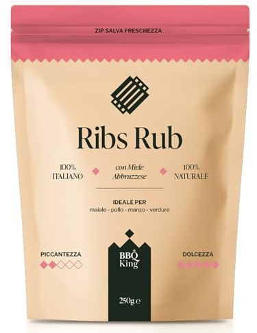 BBQ KING - Ribs Rub Confezione da 250 Gr, Dry Rub Bbq per Costine di Maiale Ideale per Barbecue e Grill, Set Spezie Cucina 100% Made in Italy, Miscela di Spezie per Costine (Saint Louis o Baby Back)