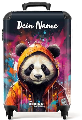NoBoringSuitcases© Handgepäck Koffer, Koffer Personalisiert, Reisekoffer, | 55x40x20 cm - Reisetasche mit Rollen, Hartschalenkoffer, Suitcase, Koffer Klein, Handgepäck (Panda - Orange)
