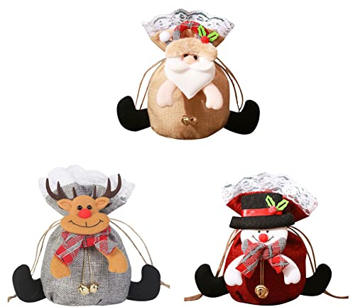 3 Stück Weihnachtsmann Schneemann Elch Kordelzugbeutel Kreative Süßigkeitentüte Weihnachten Party Favor Pouches Wiederverwendbare Geschenkbeutel Stoffbeutel Kleine Kordelzug Geschenktüten Stoff Groß