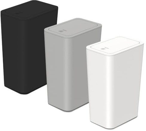 3pcs 9L Slim Bathroom Bin With Lid - Dog Proof, Touch Top, Narrow Trash Can for Bedroom, Office, Living Room, Kitchen, Toilet (3 Colors)