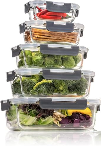 LEOM Glass Meal Prep Containers With Airtight Glass Lid, Food Storage Containers Set, Leakproof, Lunch Box Adult, Microwave Oven Freezer & Dishwasher Safe, BPA Free, ECO-FRIENDLY, 10 Pack