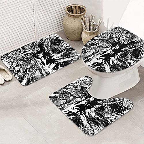 Set 3 Teilig Badvorleger Monochrome Textur Bild Enthält Einen Effekt Der Schwarz Weiß Töne Kontur Badteppich Wasserabsorbierend Dekorative Badgarnitur Badematten, Für Wohnzimmer, Wc-Sitz Bezug