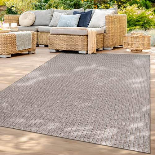 TT Home In-& Outdoorteppich Wetterfest Terrasse Balkon Esszimmer Boho Motiv Moderner Skandi Look Unifarben, Farbe:Beige, Größe:160x220 cm