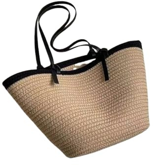 CRRONG Strohtaschen Damen Shopper Stroh Tote Bag Für Frauen, Beliebte Strandtasche Für Urlaub, Modische Und Vielseitige Umhängetasche-Schwarz-Reißverschluss-Stil