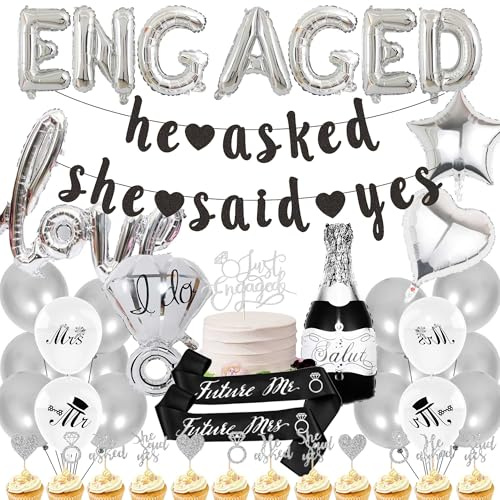 Engagement Party Decorations Balloons Banner - 33 PC Silver Banner Set | 33 Pcs Silver Engaged Letter She Said Yes Banners Ring Mr Mrs Printed Balloon Sash Cake Cupcake Toppers