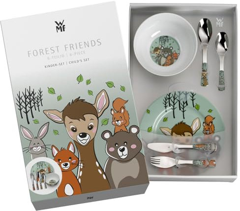WMF Animalitos del bosque - Vajilla para niños 6 piezas incluye plato, cuenco y cubertería (tenedor, cuchillo de mesa, cuchara y cuchara pequeña) WMF Kids infantil Acero Inoxidable Cromargan