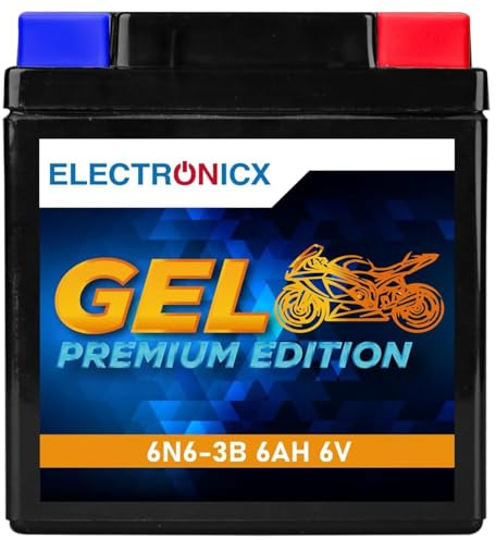 Electronicx GEL-6N6-3B 6V 6Ah motorcykelbatteri – underhållsfritt, förseglat, läckagesäkert och vibrationsresistent. Kompakt storlek (97×56x111mm) – perfekt för skoter, moped, gräsklippare, jetski.