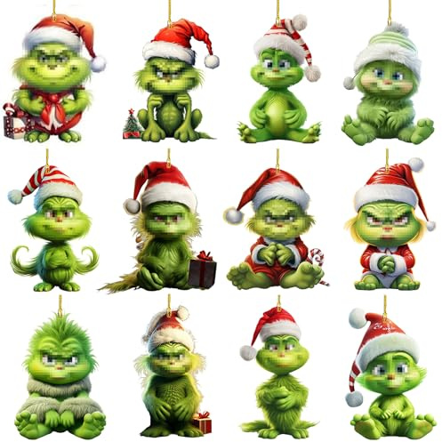 Grinch Weihnachtsdeko Anhänger – 12-teiliges Set | Hochwertige 2D-Acrylanhänger mit niedlichen Designs | Perfekt für Weihnachtsbaum, Fenster & Zuhause | Festliche Dekoration