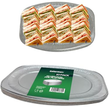 22” inch Oval Silver Foil Food Platters Embossed Reusable Aluminium Foil Serving Party Trays Freezer, Microwave & Oven Safe Large Serving Trays for Parties, Buffets, Entertaining (Pack of 10)