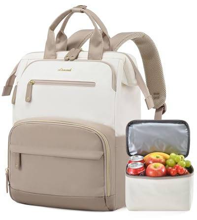 LOVEVOOK Mochila de almuerzo, mochila para laptop de 15.6 pulgadas con lonchera para mujeres y hombres, Beige-caqui, 39,63 cm