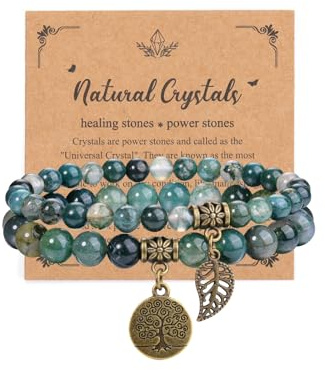 JOVIVI Vintage Bracciali Impilabili con Perline Pietre e Cristalli per Donna Ragazza Set Bracciali Elastici Perline Pietre Naturali Ciondolo Albero della Vita Foglia Retro Chakra Bracciali Agata Verde