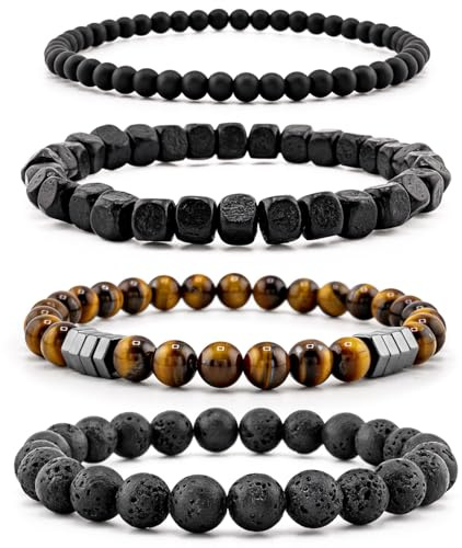Lameybrt Herren Armband Set Multi - Tiger Eye/Matte Agat/Lava Rock Geschenke für Geburtstag/Jubiläum/Weihnachten