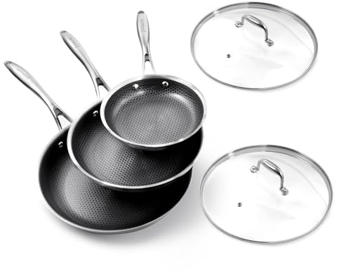 DELUXE Hybrid Ceramic Nonstick 5-Piece Fry Pan Set,8,10,12 Inch Frying Pans with Tempered Glass Lids,Stay-Cool Handles, Dishwasher Safe, Works on All Stovetops (Induction, Gas, Electric)