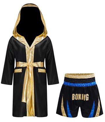 TiaoBug Boxe Pantaloncino Bambino con Cappotto da Pugile Pantaloncini Muay Thai MMA Kickboxing Costume da Allenamento da Pugile Completo da Grappling Arti Marziali Blu&Oro 15-16 Anni
