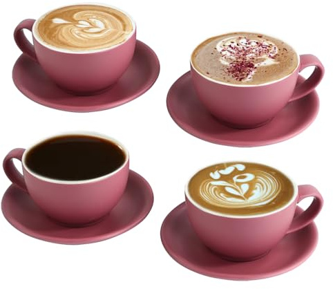 Juego de 4 tazas de capuchino de 300 ml – Violeta mate, tazas de café de cerámica con platillos, juego barista para Latte Art y moca, juego grande de tazas y platillos