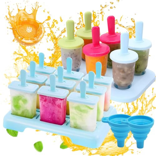 15 Pezzi Stampi per Ghiaccioli Riutilizzabili Stampo Ghiaccioli Stampi per Gelati Senza BPA Stecco Formine per Ghiaccioli con Imbuto Pieghevole per Preparazione Ghiaccioli, Gelati,Sorbetti