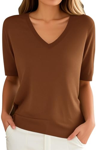 shownicer Halbarm Pullover Damen Strickpullover V Ausschnitt Strickpulli Elegant Pulli Dünne Sweater A Braun XL