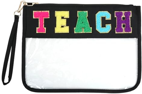 Lehrer-Federmäppchen – 22 x 30 cm Buchtasche, Lehrertaschen, Schreibwaren-Organizer, Ordnertasche, PVC-Tasche mit beflockten Lehrbuchstaben, wasserdicht, transparente Tasche für Schreibwaren, Make-up