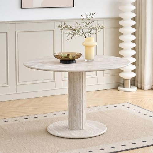 GrandCA HOME Moderner Runder Esstisch, Grauer Travertin-Imitation, Durchmesser 115 cm, für 4–6 Personen