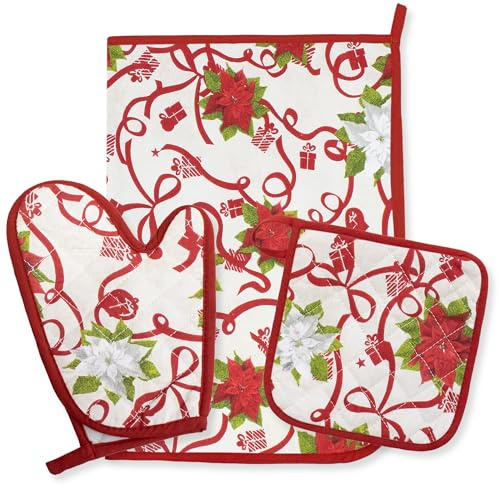 Set Guantone Presina e Strofinaccio Natalizi da Cucina 3 pezzi in 100% Cotone – Fantasie con Babbo Natale e Renne – Accessori da Forno Idee Regalo Natale