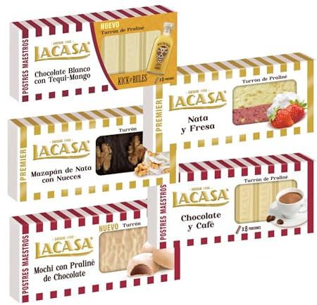Pack Surtido 5 Turrones Lacasa:Mazapán de Nata con Nueces, Blanco con Tequi Mango, Chocolate y Café, Nata y Fresa, Mochi con Praliné de Chocolate